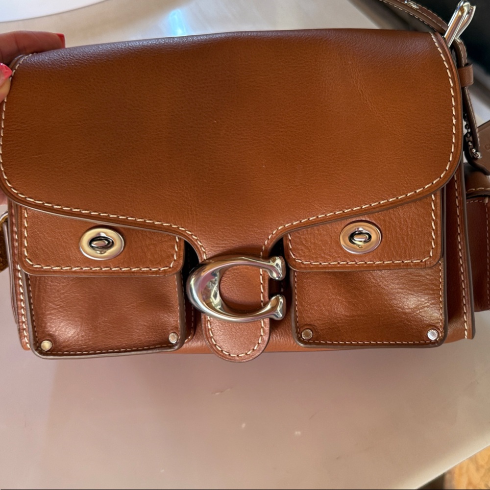 Coach Tan Leather Crossbody Bag with Silver Accents